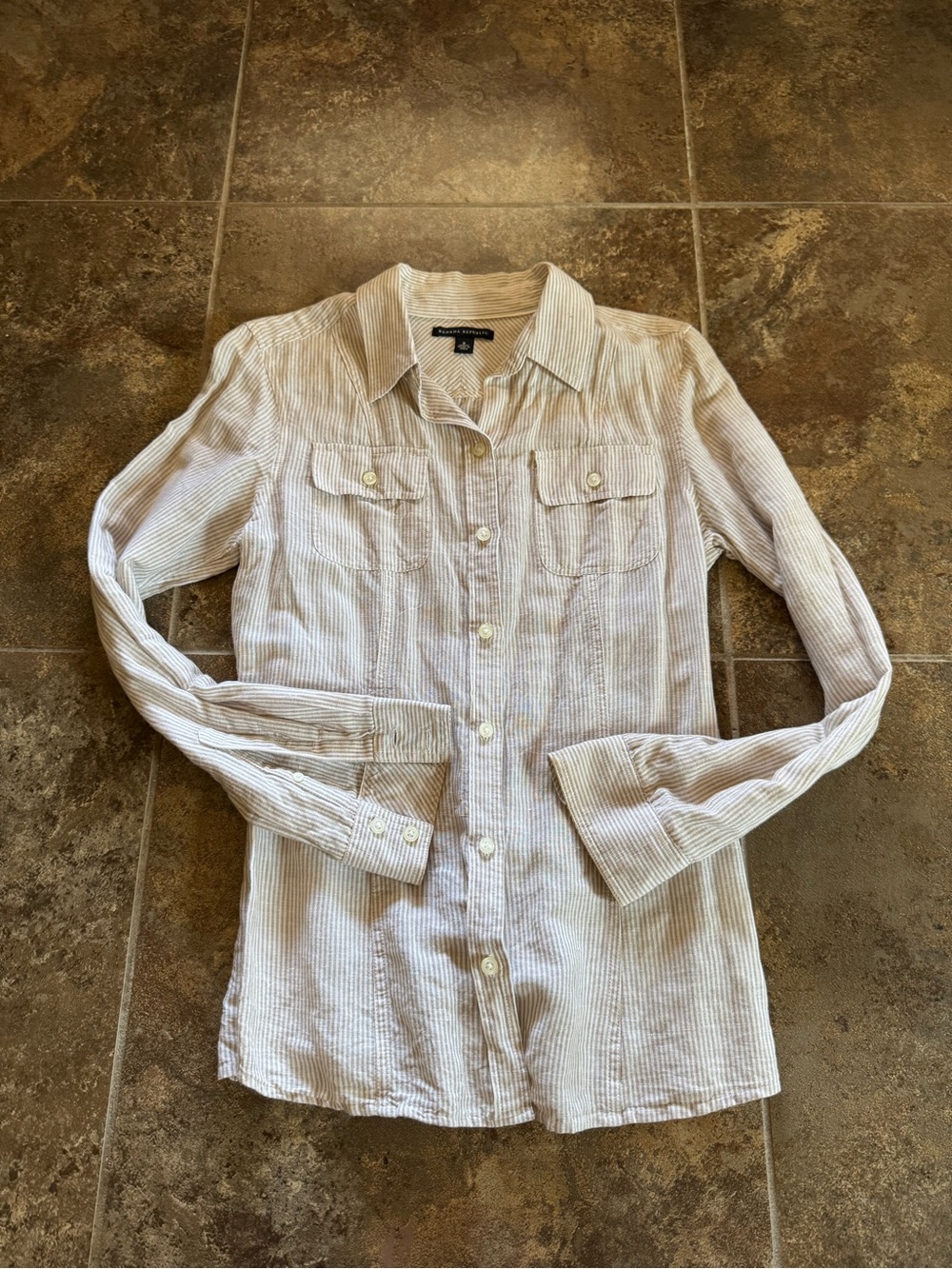 Banana Republic Button-Down Shirt - Light Tan and White Stripes Size 8